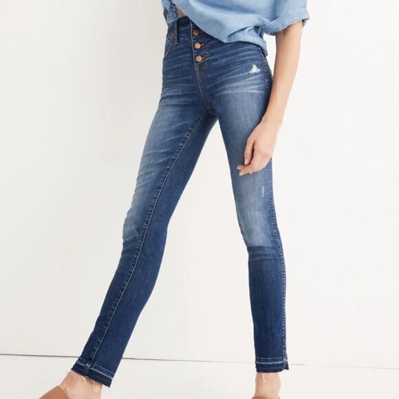 Madewell Denim - Madewell 10” High Rise Skinny Jeans Drop Hem Edition Size 28 Blue Button Front
